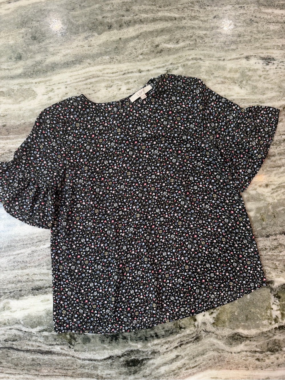 Loft Black Floral Ruffle Sleeve Blouse